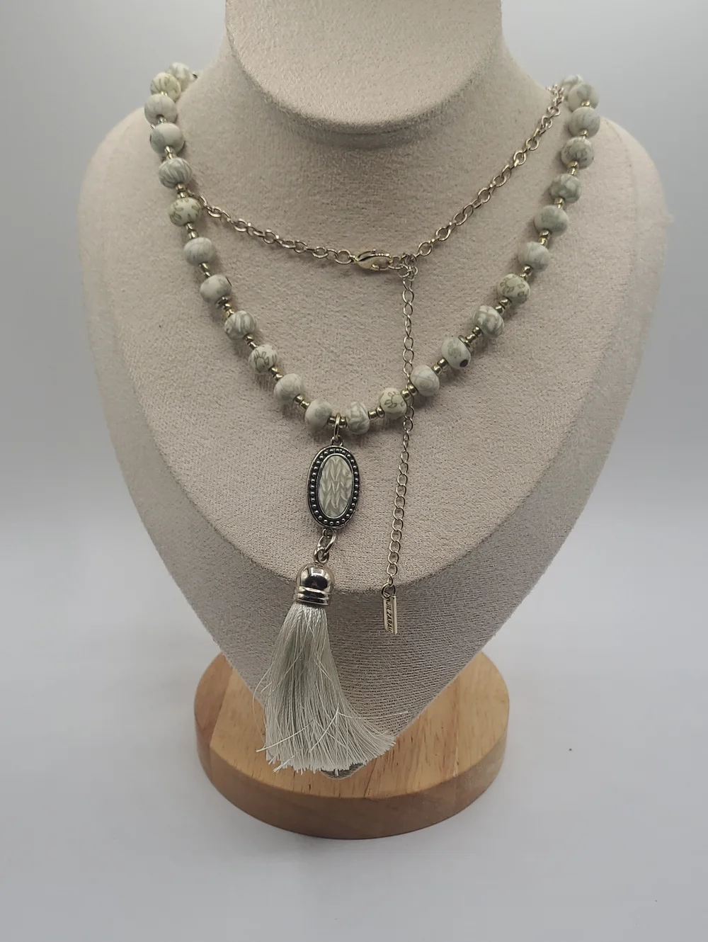 Sage Beaded Tassel Pendant Necklace with Silver Accents